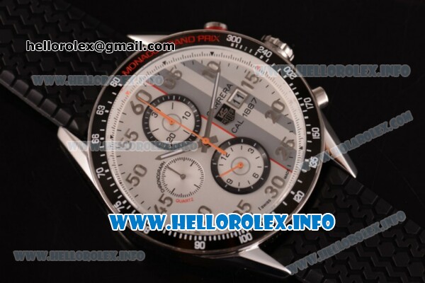 Tag Heuer Carrera Calibre 1887 Automatic Chronograph Miyota Quartz Steel Case with White Dial Arabic Number Markers and Black Rubber Strap - Click Image to Close